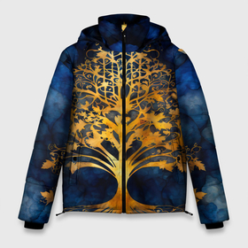 Мужская зимняя куртка 3D с принтом Волшебное золотое дерево на синем фоне в Санкт-Петербурге, верх — 100% полиэстер; подкладка — 100% полиэстер; утеплитель — 100% полиэстер | длина ниже бедра, свободный силуэт Оверсайз. Есть воротник-стойка, отстегивающийся капюшон и ветрозащитная планка. 

Боковые карманы с листочкой на кнопках и внутренний карман на молнии. | 