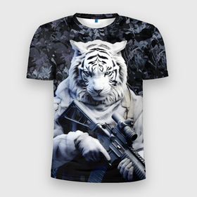 Мужская футболка 3D Slim с принтом Белый тигр солдат зима в Тюмени, 100% полиэстер с улучшенными характеристиками | приталенный силуэт, круглая горловина, широкие плечи, сужается к линии бедра | Тематика изображения на принте: 