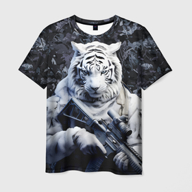 Мужская футболка 3D с принтом Белый тигр солдат зима в Санкт-Петербурге, 100% полиэфир | прямой крой, круглый вырез горловины, длина до линии бедер | 