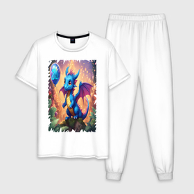 Мужская пижама хлопок с принтом Дракон с шариком символ 2024 год в Петрозаводске, 100% хлопок | брюки и футболка прямого кроя, без карманов, на брюках мягкая резинка на поясе и по низу штанин
 | 