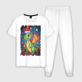 Мужская пижама хлопок с принтом Дракон с подарками символ 2024 в Новосибирске, 100% хлопок | брюки и футболка прямого кроя, без карманов, на брюках мягкая резинка на поясе и по низу штанин
 | Тематика изображения на принте: 