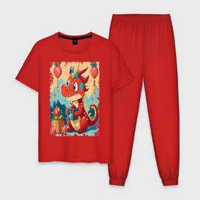 Мужская пижама хлопок с принтом Дракон новогодний символ 2024 в Кировске, 100% хлопок | брюки и футболка прямого кроя, без карманов, на брюках мягкая резинка на поясе и по низу штанин
 | 