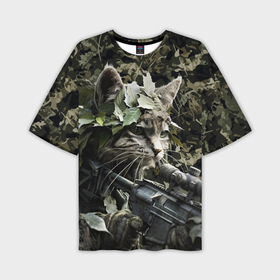Мужская футболка oversize 3D с принтом Кот снайпер в камуфляже в Санкт-Петербурге,  |  | 