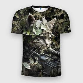 Мужская футболка 3D Slim с принтом Кот снайпер в камуфляже в Санкт-Петербурге, 100% полиэстер с улучшенными характеристиками | приталенный силуэт, круглая горловина, широкие плечи, сужается к линии бедра | 