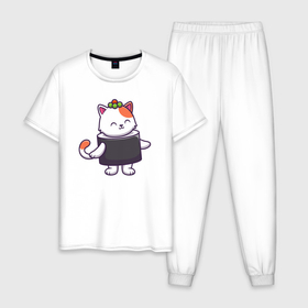 Мужская пижама хлопок с принтом Суши котейка в Кировске, 100% хлопок | брюки и футболка прямого кроя, без карманов, на брюках мягкая резинка на поясе и по низу штанин
 | Тематика изображения на принте: 