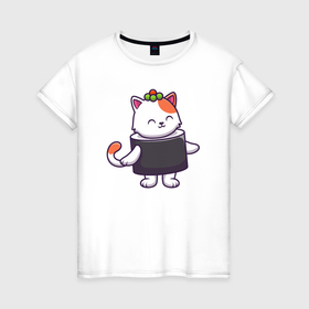Женская футболка хлопок с принтом Суши котейка в Кировске, 100% хлопок | прямой крой, круглый вырез горловины, длина до линии бедер, слегка спущенное плечо | 