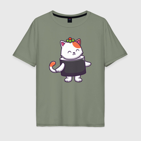 Мужская футболка хлопок Oversize с принтом Суши котейка в Кировске, 100% хлопок | свободный крой, круглый ворот, “спинка” длиннее передней части | 