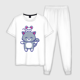Мужская пижама хлопок с принтом Мышка и котик в Белгороде, 100% хлопок | брюки и футболка прямого кроя, без карманов, на брюках мягкая резинка на поясе и по низу штанин
 | 