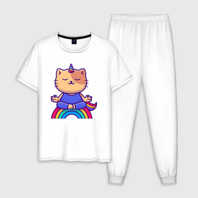 Мужская пижама хлопок с принтом Котик единорог на радуге , 100% хлопок | брюки и футболка прямого кроя, без карманов, на брюках мягкая резинка на поясе и по низу штанин
 | Тематика изображения на принте: 