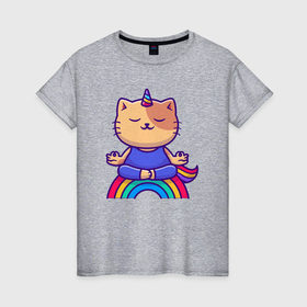 Женская футболка хлопок с принтом Котик единорог на радуге в Курске, 100% хлопок | прямой крой, круглый вырез горловины, длина до линии бедер, слегка спущенное плечо | 