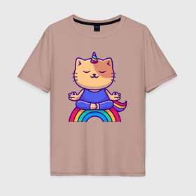 Мужская футболка хлопок Oversize с принтом Котик единорог на радуге в Кировске, 100% хлопок | свободный крой, круглый ворот, “спинка” длиннее передней части | 