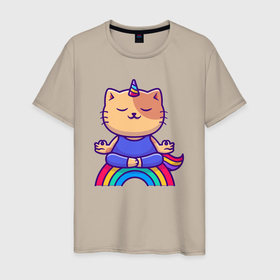 Мужская футболка хлопок с принтом Котик единорог на радуге в Тюмени, 100% хлопок | прямой крой, круглый вырез горловины, длина до линии бедер, слегка спущенное плечо. | 