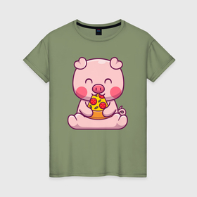 Женская футболка хлопок с принтом Поросёнок ест пиццу в Кировске, 100% хлопок | прямой крой, круглый вырез горловины, длина до линии бедер, слегка спущенное плечо | 