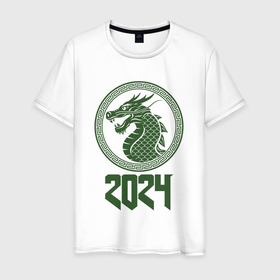 Мужская футболка хлопок с принтом Green drago 2024 в Новосибирске, 100% хлопок | прямой крой, круглый вырез горловины, длина до линии бедер, слегка спущенное плечо. | 
