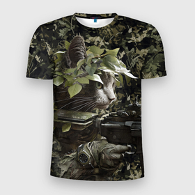 Мужская футболка 3D Slim с принтом Кот партизан в Кировске, 100% полиэстер с улучшенными характеристиками | приталенный силуэт, круглая горловина, широкие плечи, сужается к линии бедра | 
