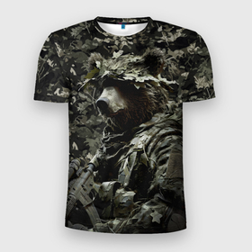 Мужская футболка 3D Slim с принтом Медведь воин спецназа в Екатеринбурге, 100% полиэстер с улучшенными характеристиками | приталенный силуэт, круглая горловина, широкие плечи, сужается к линии бедра | Тематика изображения на принте: 