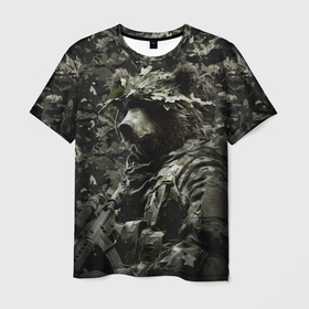Мужская футболка 3D с принтом Медведь воин спецназа в Петрозаводске, 100% полиэфир | прямой крой, круглый вырез горловины, длина до линии бедер | 