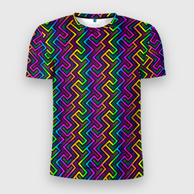Мужская футболка 3D Slim с принтом Радужный неоновый лабиринт в Кировске, 100% полиэстер с улучшенными характеристиками | приталенный силуэт, круглая горловина, широкие плечи, сужается к линии бедра | 