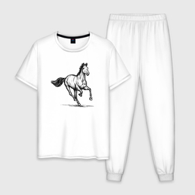 Мужская пижама хлопок с принтом Лошадь на скаку , 100% хлопок | брюки и футболка прямого кроя, без карманов, на брюках мягкая резинка на поясе и по низу штанин
 | 