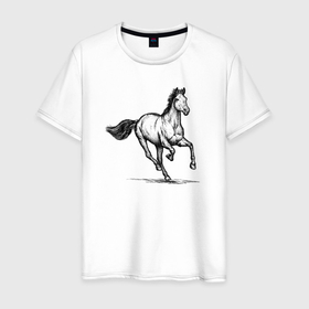 Мужская футболка хлопок с принтом Лошадь на скаку , 100% хлопок | прямой крой, круглый вырез горловины, длина до линии бедер, слегка спущенное плечо. | 