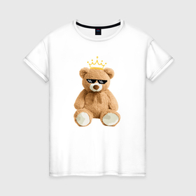 Женская футболка хлопок с принтом Плюшевый медвежонок в очках и короне в Курске, 100% хлопок | прямой крой, круглый вырез горловины, длина до линии бедер, слегка спущенное плечо | 