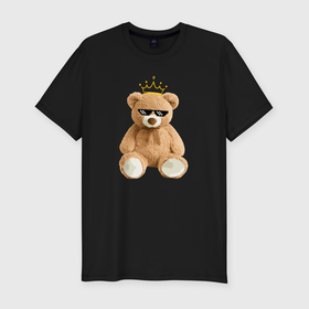 Мужская футболка хлопок Slim с принтом Плюшевый медвежонок в очках и короне в Екатеринбурге, 92% хлопок, 8% лайкра | приталенный силуэт, круглый вырез ворота, длина до линии бедра, короткий рукав | 