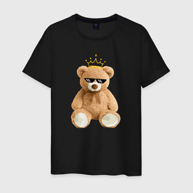 Мужская футболка хлопок с принтом Плюшевый медвежонок в очках и короне в Екатеринбурге, 100% хлопок | прямой крой, круглый вырез горловины, длина до линии бедер, слегка спущенное плечо. | 