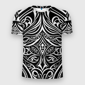 Мужская футболка 3D Slim с принтом Чёрно белые узоры в Курске, 100% полиэстер с улучшенными характеристиками | приталенный силуэт, круглая горловина, широкие плечи, сужается к линии бедра | 