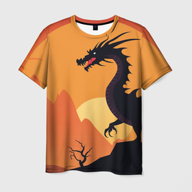 Мужская футболка 3D с принтом Дракон в огненном рассвете в Белгороде, 100% полиэфир | прямой крой, круглый вырез горловины, длина до линии бедер | 