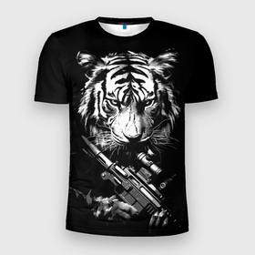 Мужская футболка 3D Slim с принтом Тигр с винтовкой в Новосибирске, 100% полиэстер с улучшенными характеристиками | приталенный силуэт, круглая горловина, широкие плечи, сужается к линии бедра | 