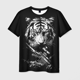 Мужская футболка 3D с принтом Тигр с винтовкой в Санкт-Петербурге, 100% полиэфир | прямой крой, круглый вырез горловины, длина до линии бедер | 