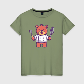 Женская футболка хлопок с принтом Мишка повар , 100% хлопок | прямой крой, круглый вырез горловины, длина до линии бедер, слегка спущенное плечо | 