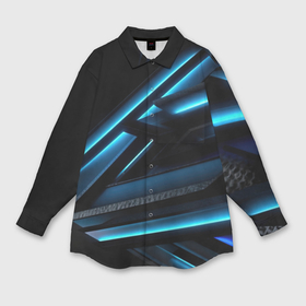 Мужская рубашка oversize 3D с принтом Черная абстракция  с синим неоновым ярким свечением в Екатеринбурге,  |  | 