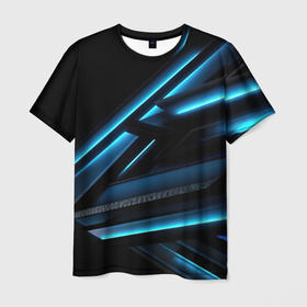 Мужская футболка 3D с принтом Черная абстракция  с синим неоновым ярким свечением в Белгороде, 100% полиэфир | прямой крой, круглый вырез горловины, длина до линии бедер | Тематика изображения на принте: 