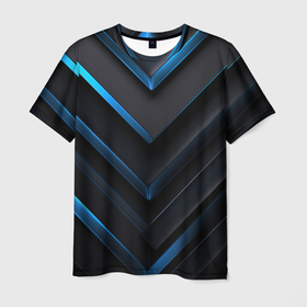 Мужская футболка 3D с принтом Черная абстракция  с синим неоновым  ярким  свечением в Петрозаводске, 100% полиэфир | прямой крой, круглый вырез горловины, длина до линии бедер | 