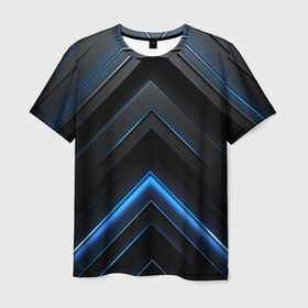 Мужская футболка 3D с принтом Черная абстракция  с синим  неоновым  ярким  свечением в Петрозаводске, 100% полиэфир | прямой крой, круглый вырез горловины, длина до линии бедер | 