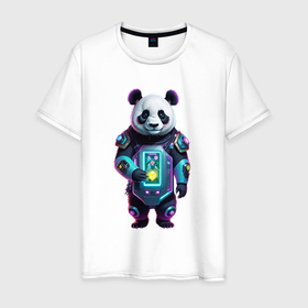 Мужская футболка хлопок с принтом Крутой кибер панда в Кировске, 100% хлопок | прямой крой, круглый вырез горловины, длина до линии бедер, слегка спущенное плечо. | 