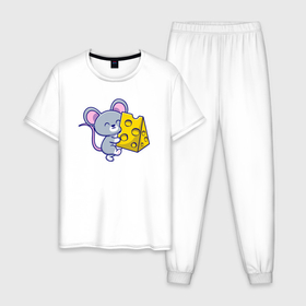 Мужская пижама хлопок с принтом Мышка с куском сыра , 100% хлопок | брюки и футболка прямого кроя, без карманов, на брюках мягкая резинка на поясе и по низу штанин
 | 