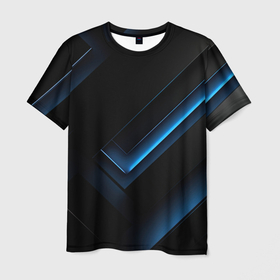 Мужская футболка 3D с принтом Синие неоновые полосы абстракт в Курске, 100% полиэфир | прямой крой, круглый вырез горловины, длина до линии бедер | 