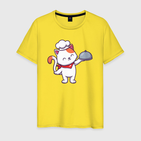 Мужская футболка хлопок с принтом Котик шеф в Тюмени, 100% хлопок | прямой крой, круглый вырез горловины, длина до линии бедер, слегка спущенное плечо. | 