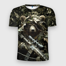 Мужская футболка 3D Slim с принтом Медведь снайпер маскировка в Новосибирске, 100% полиэстер с улучшенными характеристиками | приталенный силуэт, круглая горловина, широкие плечи, сужается к линии бедра | Тематика изображения на принте: 