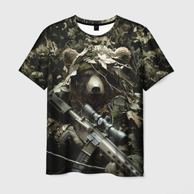 Мужская футболка 3D с принтом Медведь снайпер маскировка в Петрозаводске, 100% полиэфир | прямой крой, круглый вырез горловины, длина до линии бедер | 