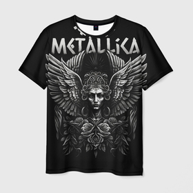 Мужская футболка 3D с принтом Металлика на фоне ангела в Петрозаводске, 100% полиэфир | прямой крой, круглый вырез горловины, длина до линии бедер | 