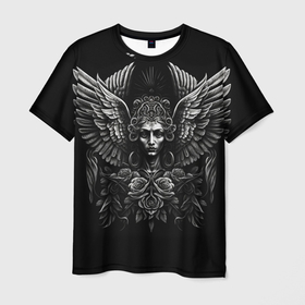 Мужская футболка 3D с принтом Девушка ангел во тьме в Петрозаводске, 100% полиэфир | прямой крой, круглый вырез горловины, длина до линии бедер | 