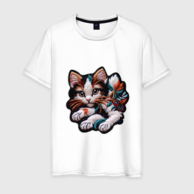 Мужская футболка хлопок с принтом Цветастый котик в Белгороде, 100% хлопок | прямой крой, круглый вырез горловины, длина до линии бедер, слегка спущенное плечо. | 