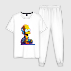 Мужская пижама хлопок с принтом Bart is an avid gamer в Екатеринбурге, 100% хлопок | брюки и футболка прямого кроя, без карманов, на брюках мягкая резинка на поясе и по низу штанин
 | 