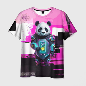 Мужская футболка 3D с принтом Funny panda   cyberpunk , 100% полиэфир | прямой крой, круглый вырез горловины, длина до линии бедер | 