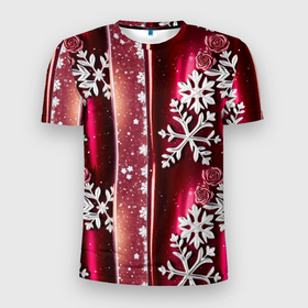 Мужская футболка 3D Slim с принтом Розы и снежинки в Курске, 100% полиэстер с улучшенными характеристиками | приталенный силуэт, круглая горловина, широкие плечи, сужается к линии бедра | 