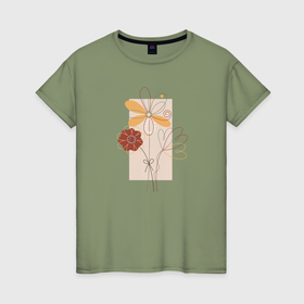 Женская футболка хлопок с принтом Цветочки нарисованные линией в Петрозаводске, 100% хлопок | прямой крой, круглый вырез горловины, длина до линии бедер, слегка спущенное плечо | 