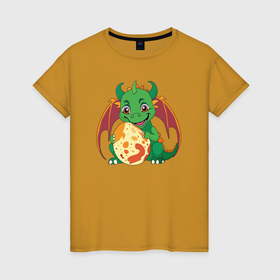 Женская футболка хлопок с принтом Дракоша   милый маленький дракончик с яйцом в Тюмени, 100% хлопок | прямой крой, круглый вырез горловины, длина до линии бедер, слегка спущенное плечо | 